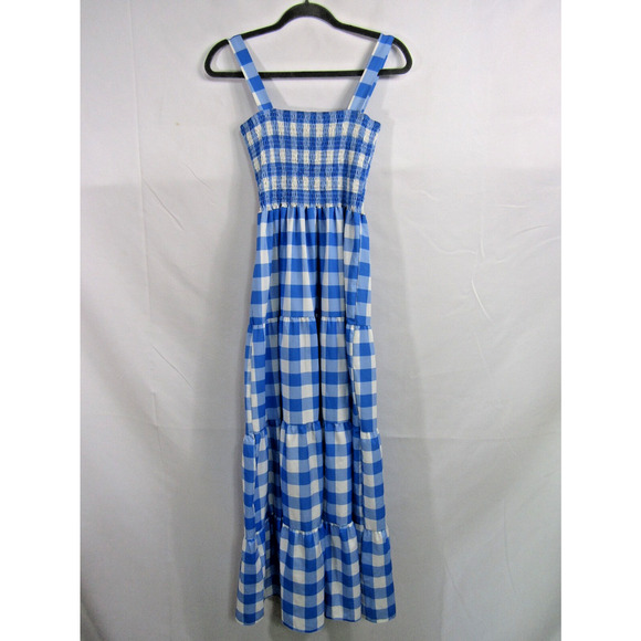 No Brand Blue Maxi Dress sz L Checkered Tiered Smocking Flowy Boho Peasant - Picture 1 of 7